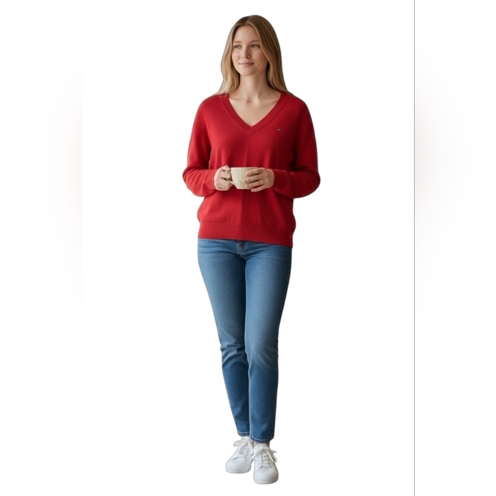 Tommy Hilfiger Red V-Neck Knit Pullover Classic Logo S/P - Picture 1 of 11